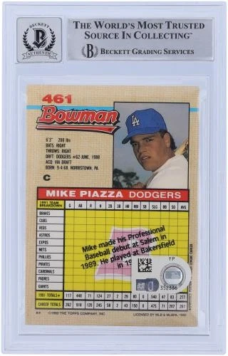 Mike Piazza Dodgers Firmado 1992 Bowman Serie 1 #461 BAS 10 Novato con Insc de patio Foto 2 de 3