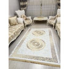 White & Gold Marble Rug – Luxury Bamboo Pattern Greek Key Border Carpet