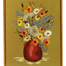 Vintage Crewel Embroidery Kit Floral Bouquet Ceramic Pot Garden Flowers Palmatee