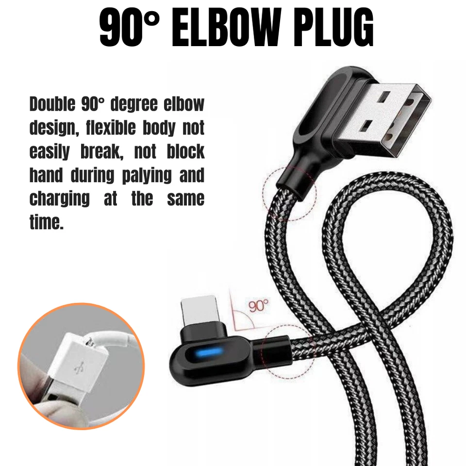 2PACK 6Ft 90 Degree Braided USB Charger Cable For iPhone 11 X 8 7 iPad Data Cord - Image 2 of 4