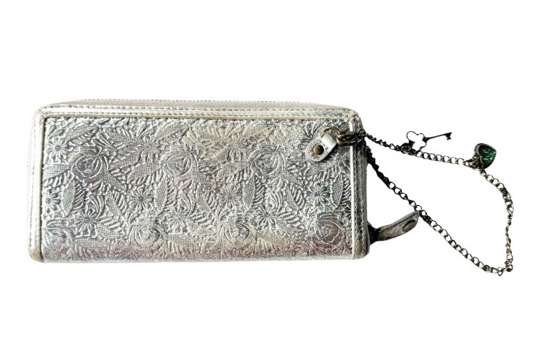 Anna Sui Silver Floral Long Wallet with Accent Chain and