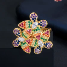 Adjustable Multicolor CZ Flower Women Party Open Ring Yellow Gold Plated Jewelry