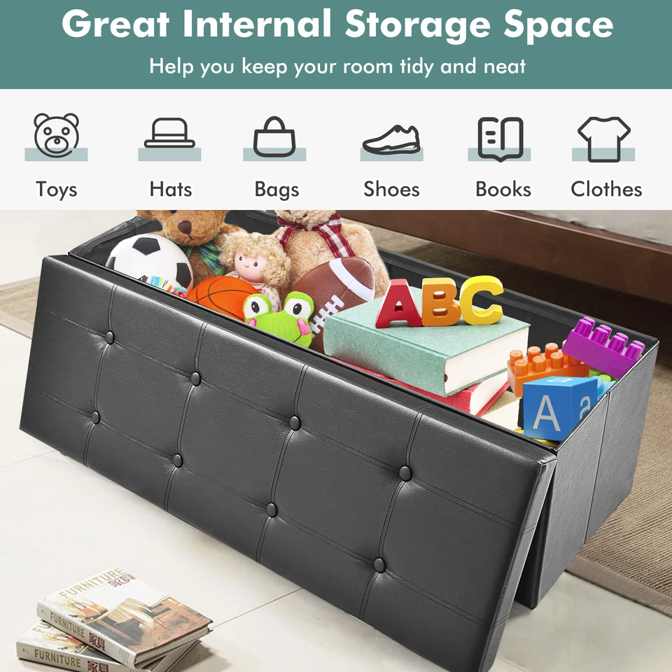 Giantex Folding Storage Ottoman Bench Blanket Box Tufted Faux Leather Footstool - image 4 of 4