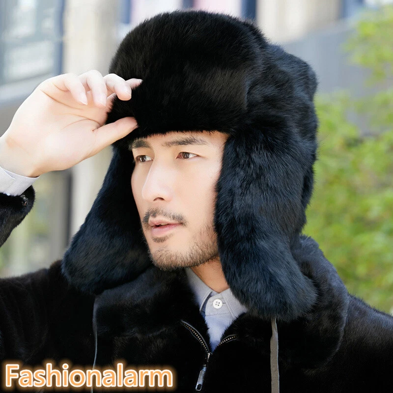 Sombrero de piel de conejo real para hombre sombrero de trampero ruso Ushanka cálido cazador sombrero de aviador Foto 4 de 4