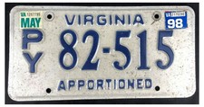 Virginia 1998 APPORTIONED SEMI TRACTOR License Plate P/Y 82-515!