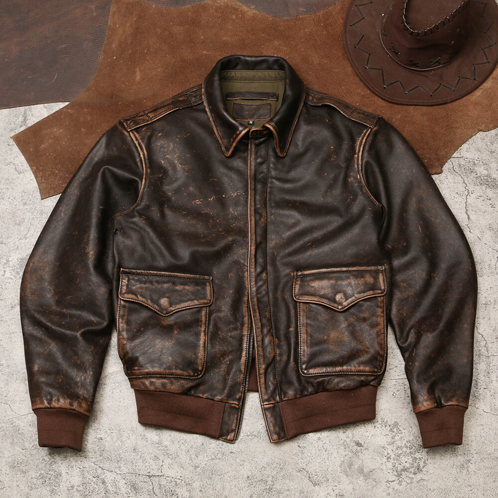 ニ*ニ様 80s short A-2 real leather bomber j Vintage Brown Leather Aviator Made in USA Lined Jacket Mens