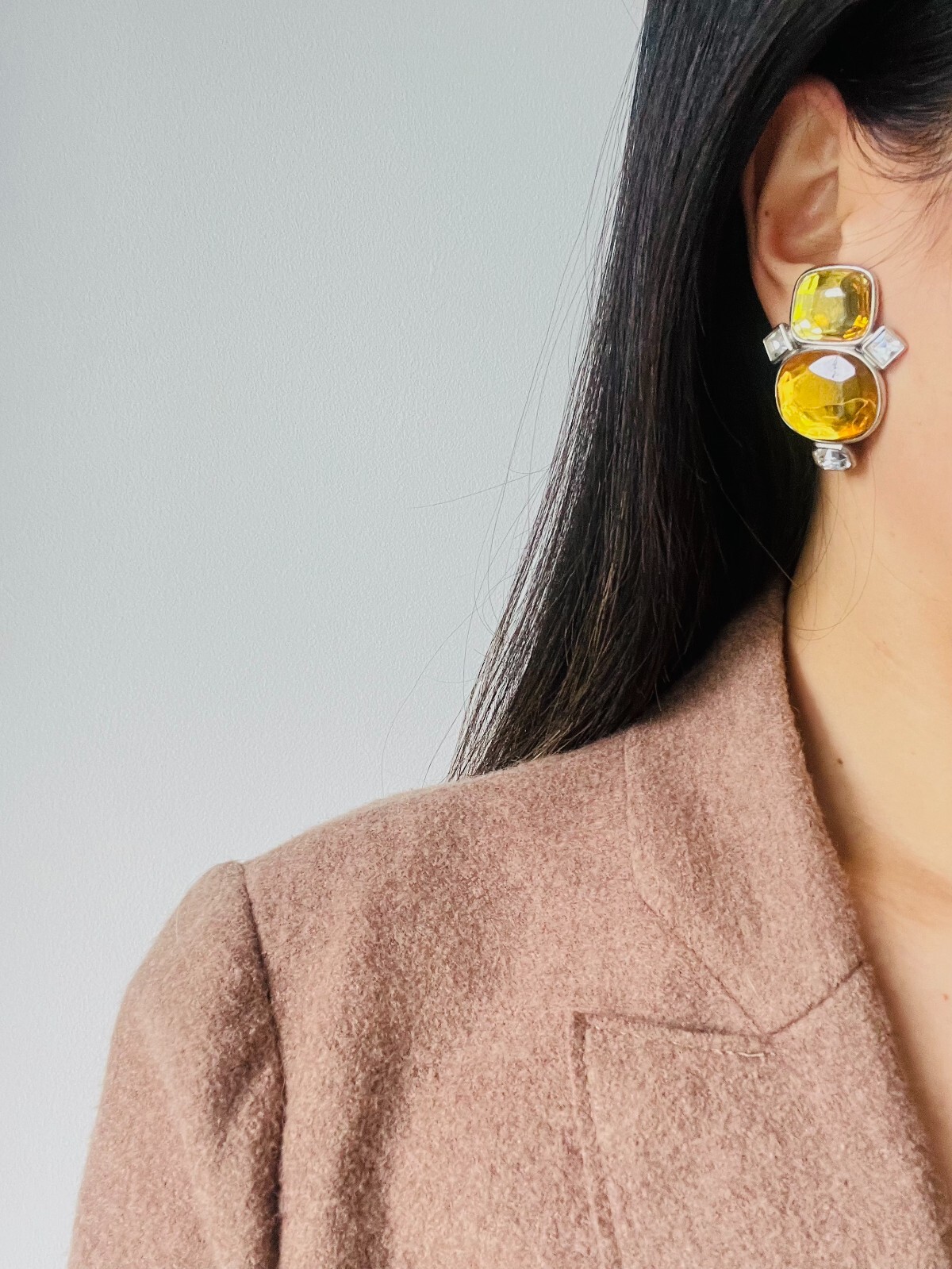 Orecchini Yves Saint Laurent YSL Vintage Grandi Doppio Cristallo Giallo Clip Ovale