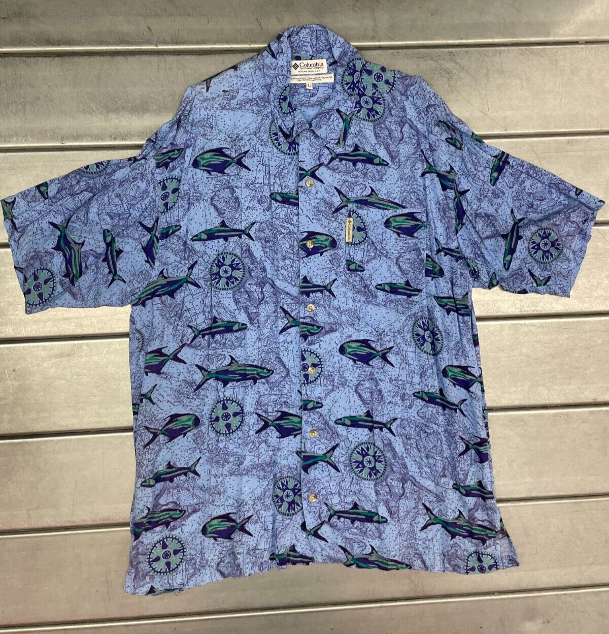 Columbia Button Up Shirt Mens Large Blue Short Sleeve All Over Print Hawaiian