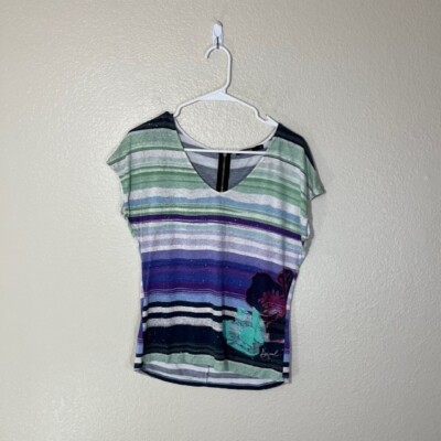 Desigual Top Womens Small Short Sleeve V Neck Glitter Art Stretch Shirt