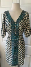 Juicy Couture 4 S Turquoise Cotton V Neck Print Dress W Gold Buttons