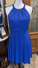 Express Women's Blue Sleeveless Pleated Halter Fitted Chiffon A-Line Dress Sz 6