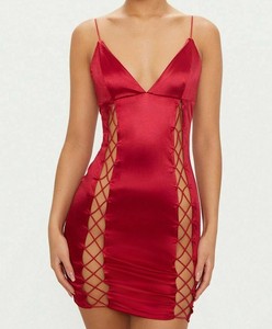 red satin lace up dress