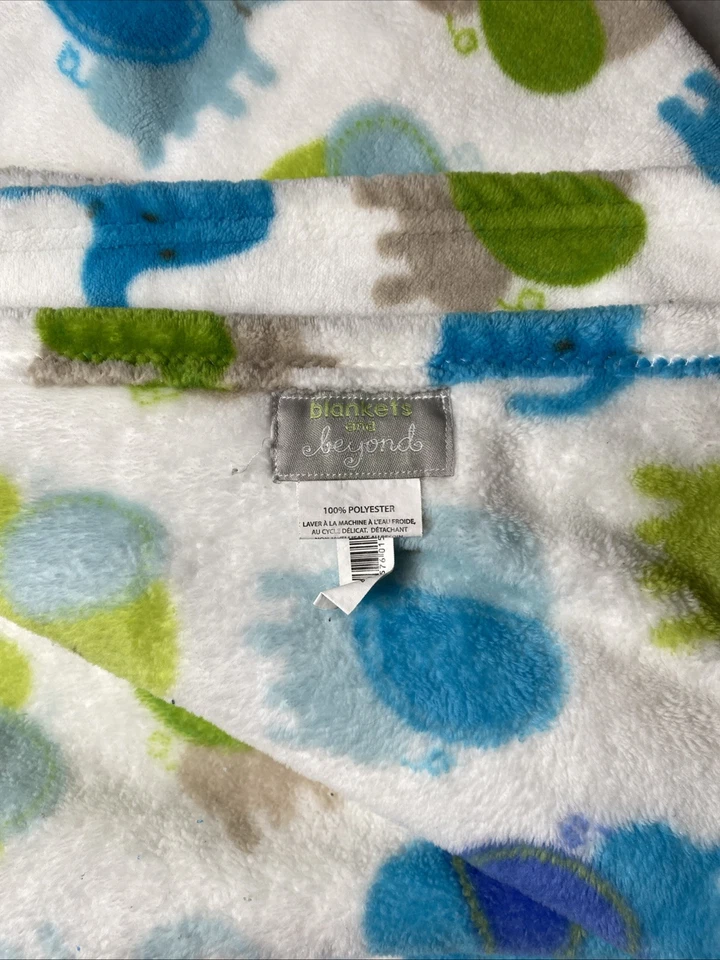 Blankets and Beyond Baby Blanket Green Blue Tan Elephants White Fleece Lovey - Image 3 of 4