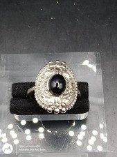 Silver Tone Ornate Ring With Faux Onyx Size N