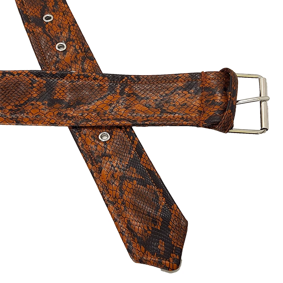 Cinto de pele de cobra falso cabeça de cobre laranja preto vinil flexível macio 50 polegadas - Imagem 2 de 4