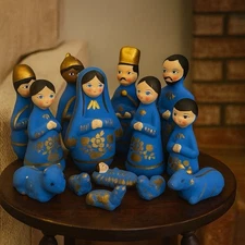 Hand-Painted Folk Art Nativity Set 14-Piece Blue & Gold Holiday Crèche Scene