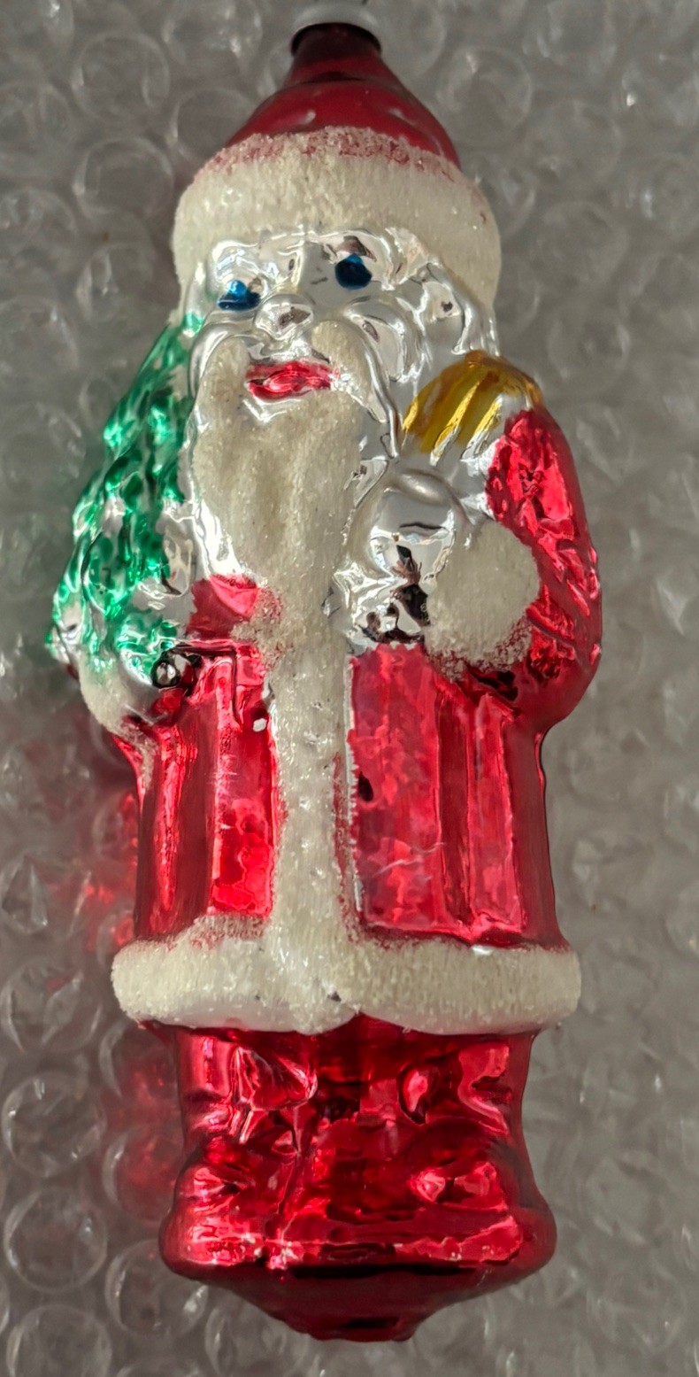 Vntg 50s West German Glass Ornament Santa Claus Father Christmas Red & Silver 5”