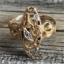 FRENCH Antique FLORAL Navette Ring 18k Rose Gold Art Nouveau Victorian Rose 
