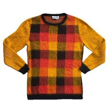 Vintage 70s Shaggy Plaid Sweater Harpees Small Red Yellow Fuzzy Wool
