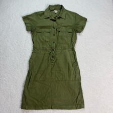 J Crew Dress Olive Green Utility Short Sleeve Pockets Size 2 Button Front Dress