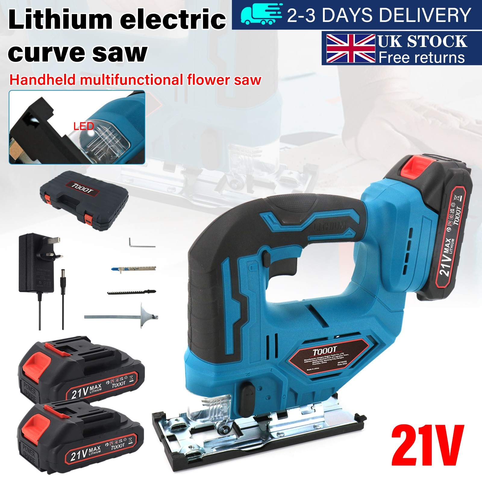 Cordless Jigsaw with 2x Battery 21V Cutter Jig Saw Woodworking Cutting Tool UK