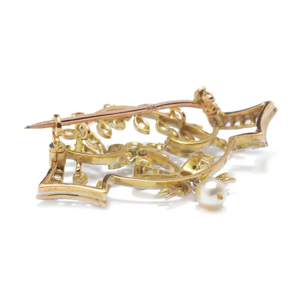 Vintage Brosche aus 750er Gold 18K 1 Perle 56 Diamanten ca.0.75ct Gewicht 7,33g - Bild 4 von 4
