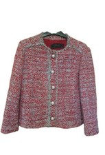 Zara Red Boucle Tweed Boxy Jacket Blazer Pearl Buttons 3/4 Sleeve Size L UK10/12