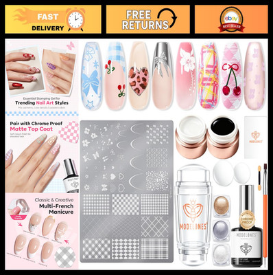 16PCS Plaid Nail Stamping Kit - French Tip Stamper, Gel Polish, Chrome Powder, N
