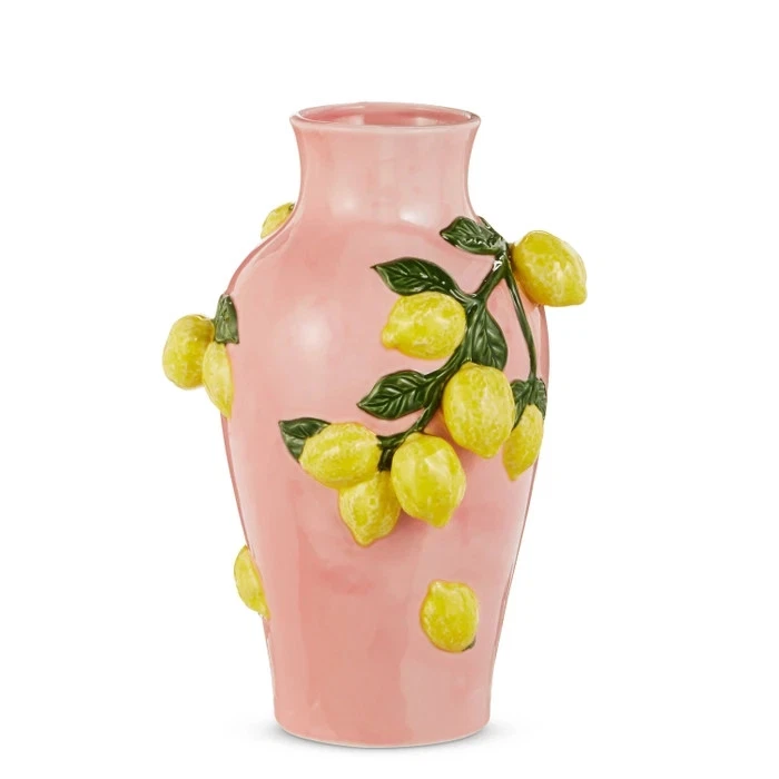 RAZ IMPORTS 13''PINK TALL VASE LEMONS