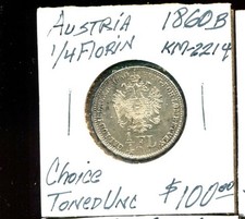 AUSTRIA 1/4 Florin KM-2214, 1860-B in Choice toned Unc condition