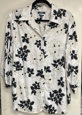 CHAPS 1X NO IRON Black White Cream Floral Button Down Shirt 3/4 Sleeves