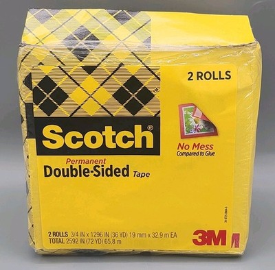 NEW 2 PACK Scotch 665 Permanent Double Sided Tape 3/4'' x 1296'' 3'' Core 2 ROLLS