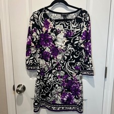 White House Black Market Women's XS Floral Print 3/4 Sleeve Dress Black Purple