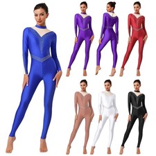 Women Rhinestones Mesh Splice Skating Jumpsuit Gymnastics Leotard Dance Unitard