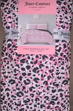 Juicy Couture 3pc KING Quilt Blanket & Shams Set Pink/Black/White Leopard Print