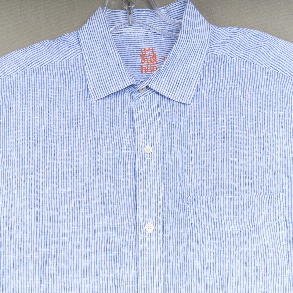 J McLaughlin Shirt Mens L Linen Woven Button Up Long Sleeve Blue Stripe Gramercy - Image 3 of 4