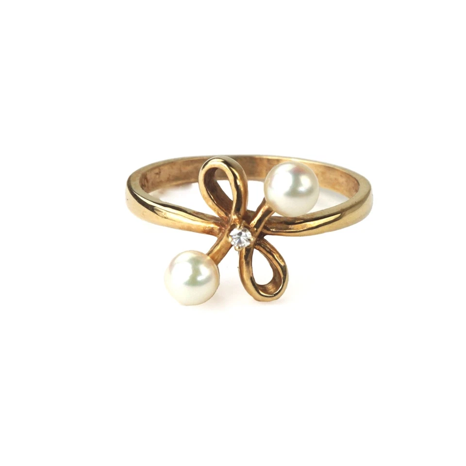 14K Solid Gold Pearl Diamond Bow Ring, Cultured Japanese Pearl, 3.8 mm, Size 5.5 - Image 3 of 4