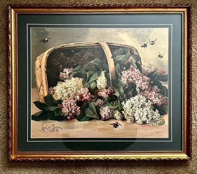 Antique Lilac Floral Print Paul de Longpre 1899 Basket of Lilacs 26  x 22 framed
