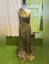 Mac Duggal Ieena Gold Metallic Draped One Shoulder Long Gown Dress Size 6