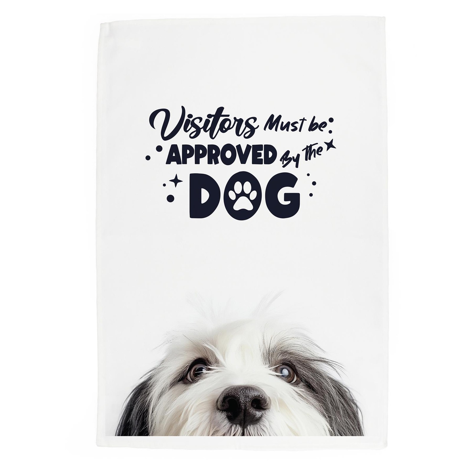 Novelty Peeping Dog Tea Towel - Old English Sheepdog Kitchen Drying Cloth Gift