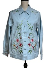 Vintage VICTOR COSTA Blue Jacket Snap Floral Butterfly Embroidery Sz M