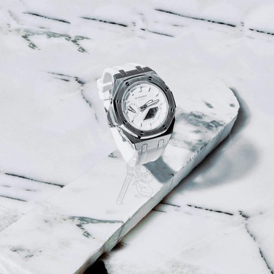 Casio GA-2100 G-Shock Watch    Metal Case & Rubber Strap Mod   White Dial