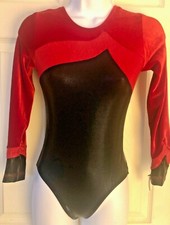 GK LgSLV LADIES SMALL BLACK RED FOIL VELVET GYMNASTICS DANCE LEOTARD Sz AS NWT 