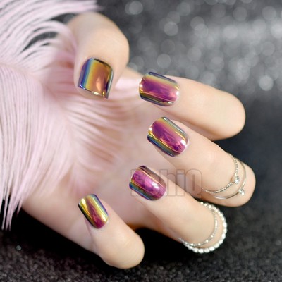24 Pcsshort Chrome Fake Nails Dark Chemeleom Rose Pink Nails False