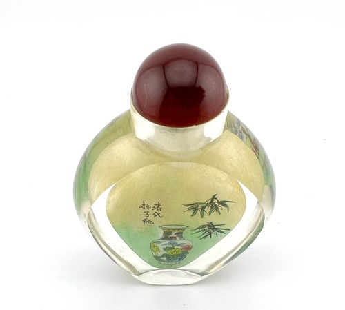 Reverse Hand Painted Chinese Glass Snuff Bottle - Floral & Painted Vase Theme - Picture 3 of 6