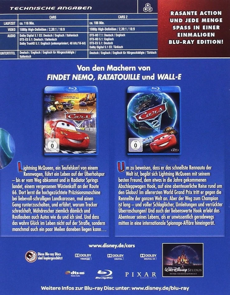 Cars 1+2 - Collection im Pappschuber - Blu-Ray - NEU OVP - Bild 2 von 3