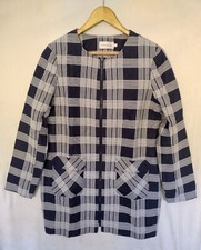 Paraphrase Size 14 Eu 40 Navy Blue White Checked Collarless Longline Coat Zip Up