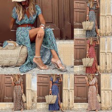 Damen Urlaub Böhmisch V-Ausschnitt Kleid Sommer Strand Lang Maxi Sommerklei  ↲