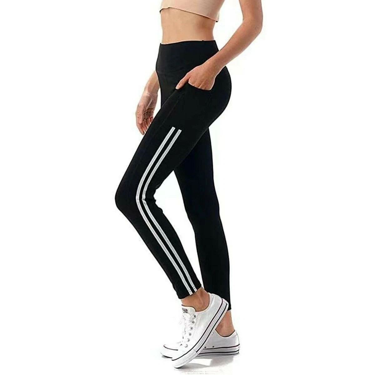 High Waist Leggings, Striped Yoga Workout Excercise Pilates Pants w/Tech  Pockets