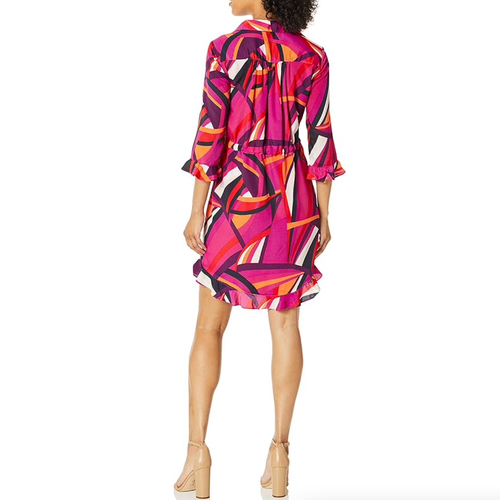 Trina Turk Nat Drawstring Shirt Dress Pink Geometric Print Women's Size Medium - Picture 2 of 13